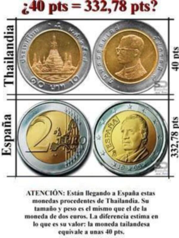 Monedas tailandesas y españolas comparadas, con información sobre su valor equivalente en euros.