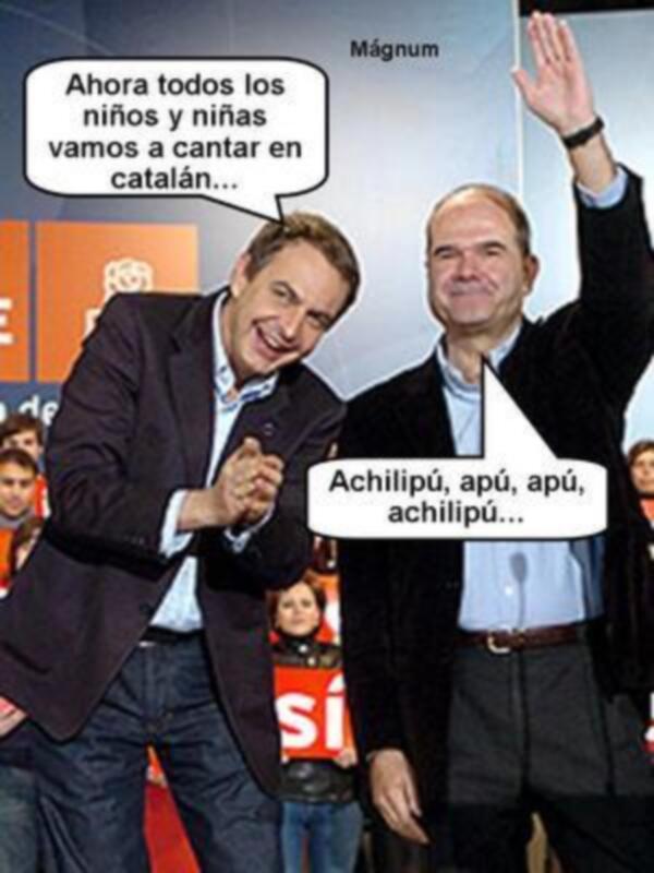 Dos hombres saludan y cantan 'achilipú' en catalán durante un evento público.