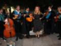 Un grupo de músicos en trajes tradicionales interpretando música en un entorno nocturno con luces doradas y un fondo de vegetación.