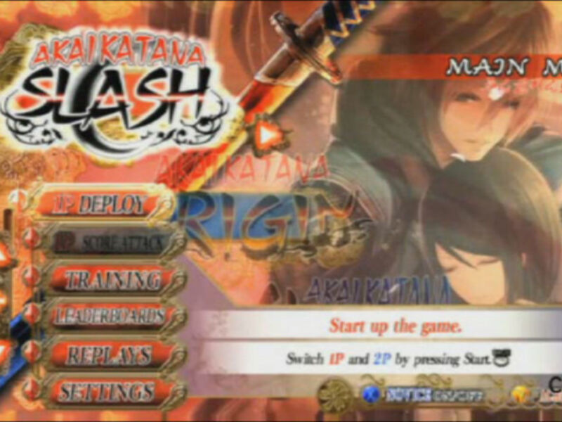 Menú de juego 'Akai Katana Slash' con opciones de menú, entrenamiento y puntuación.