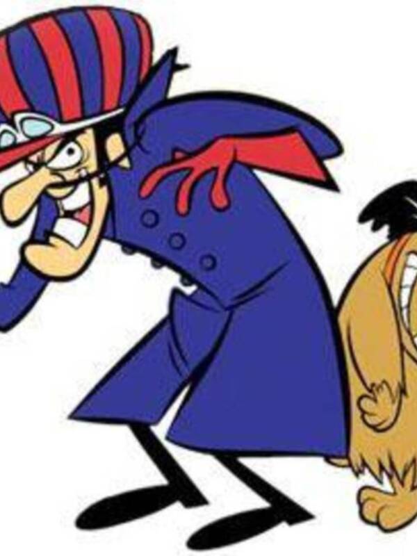 A un personaje de dibujos animados con una gorra roja y azul, un abrigo azul oscuro y una corbata roja. El personaje está sosteniendo un periódico con una expresión de sorpresa o preocupación. A su lado, hay un perro con orejas largas y una expresión de miedo o angustia. La escena parece representar un momento de sorpresa o preocupación en el personaje con el periódico, mientras que el perro parece estar asustado.