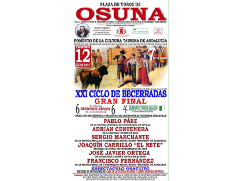 Este viernes 12 de mayo tendrá lugar la final del XXI Ciclo de Becerradas en clase práctica  de la Asociación Andaluza de Escuelas Taurinas “Pedro Rom