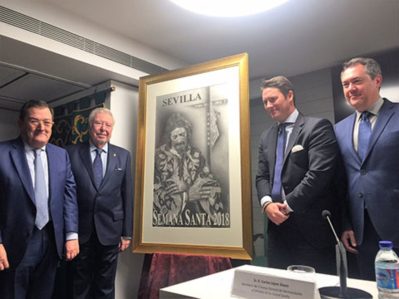 Presentación en Caja Rural del Sur del cartel de la Semana Santa de Sevilla 2018, obra de José Gutiérrez Aragón