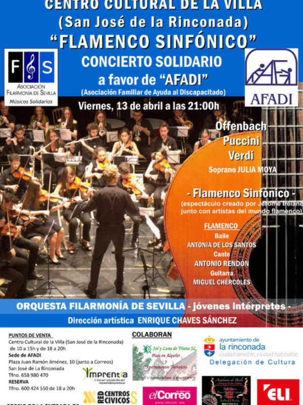 "Flamenco Sinfónico", Viernes 13 de Abril ,concierto solidario en San José de la Rinconada de la Asociación Filarmonía de Sevilla