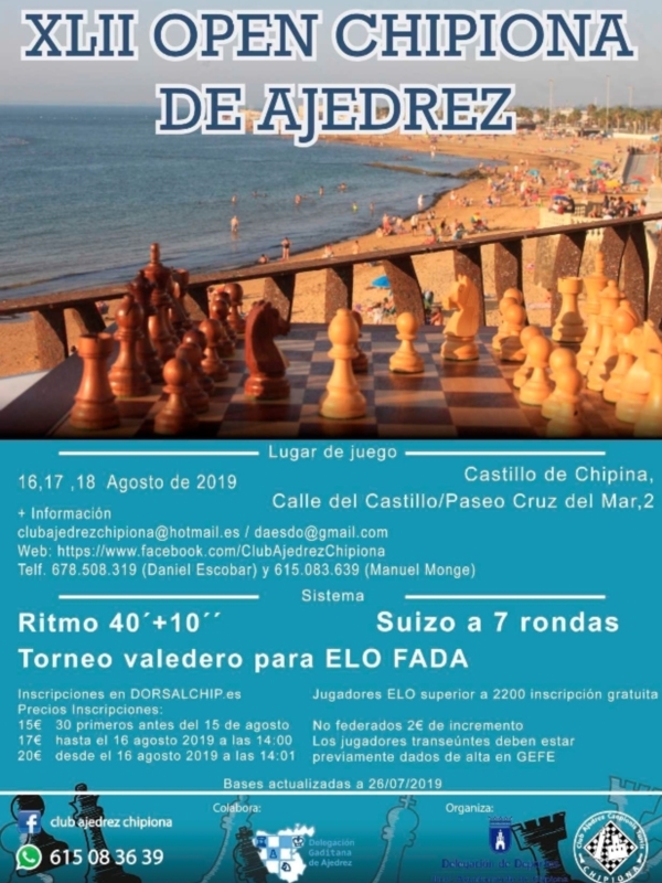 Abierto el plazo de inscripciones para el Open Chipiona de Ajedrez que se celebrará en el Castillo de Chipiona del 10 al 12 de agosto
