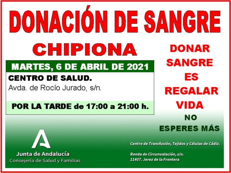 Convocan colecta de donación de sangre en Chipiona para el próximo martes 6 de abril