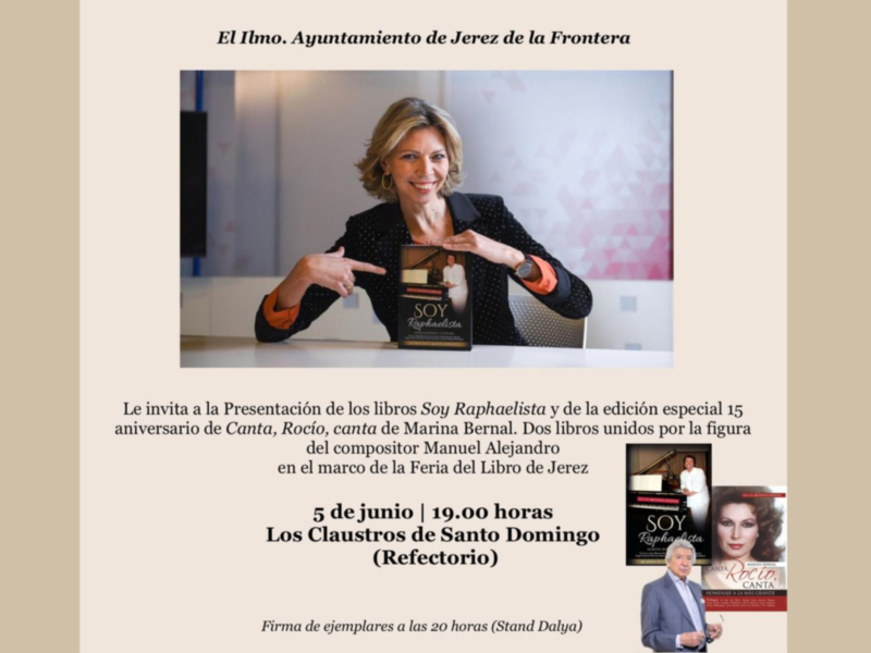  Marina Bernal presenta el 5 de junio Soy Raphaelista en la Feria del Libro de Jerez a las 19 horas en el Refectorio del Claustro de Santo Domingo 
