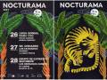 Cartel de Nocturrama 2021 con tres días de conciertos en agosto. Días 26, 27 y 28 con artistas como Luisa Sobral, María Yfeal, Rocío Guzmán y más. Imagen de un tigre en el bosque con hojas verdes y una luna llena.