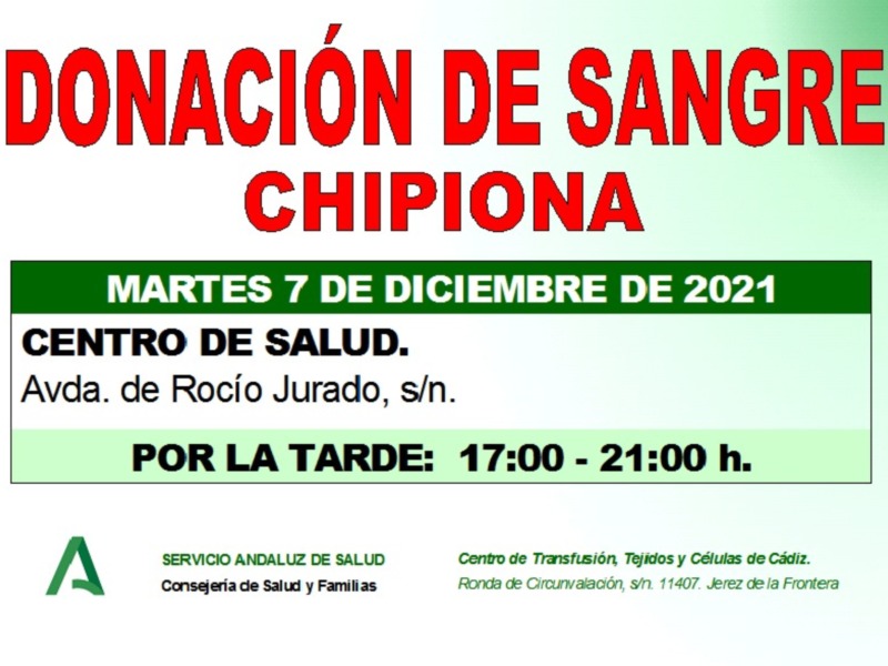 Llamamiento a una donación colectiva de sangre en Chipiona el martes 7 de diciembre por el descenso de reservas