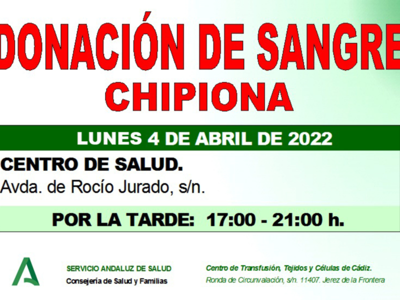 Llamamiento a una donación colectiva de sangre en Chipiona el lunes 4 de abril 