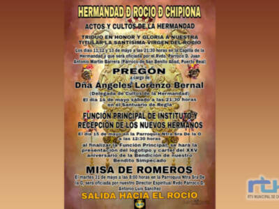 La Hermandad del Rocío de Chipiona informa de los actos y cultos previstos para este mes de mayo