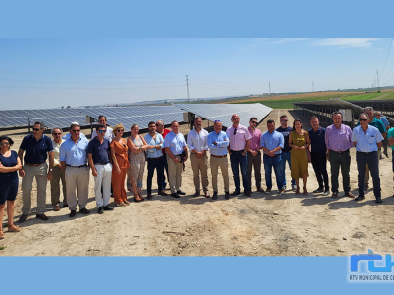 Una imagen de una granja solar con numerosos trabajadores posando frente a un campo de paneles solares. La escena está iluminada por el sol, con un cielo azul claro y una vista de campos agrícolas en el fondo. La imagen transmite un mensaje de éxito y sostenibilidad energética.