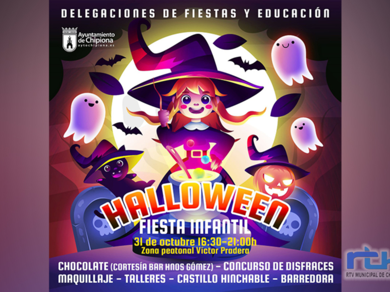 Fiesta infantil de Halloween en Chipiona, organizada por la Delegación de Fiestas y Educación del Ayuntamiento. Evento el 31 de octubre, desde las 16:00 hasta las 21:00. Incluye chocolate, concurso de disfraces, maquillaje, talleres y actividades en el Castillo Rinckable.
