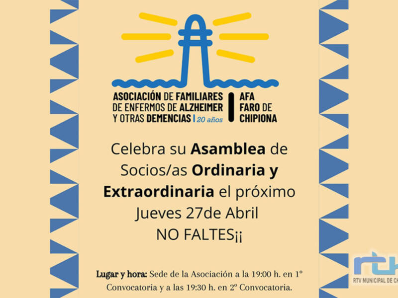Alzheimer Chipiona celebra el jueves 27 una asamblea ordinaria y otra extraordinaria
