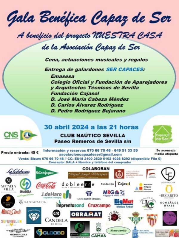 El 30 de abril en el Club Náutico de Sevilla, tendrá una gala benéfica, viviendas tuteladas para personas con discapacidad intelectual.
