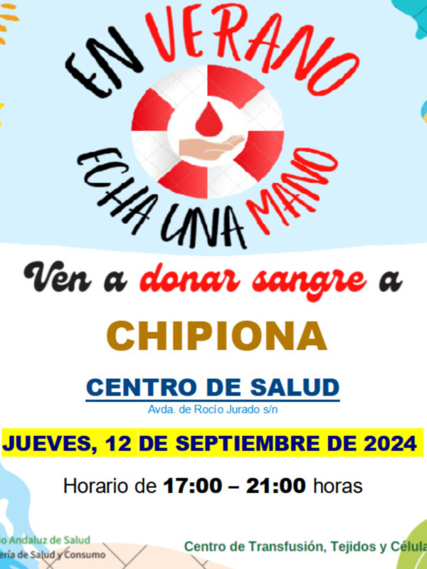 Convocatoria para donar sangre en el Centro de Salud de Cádiz el jueves 12 de septiembre de 2024, de 17:00 a 21:00 horas. Información en la imagen.