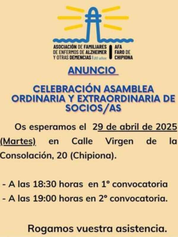 Alzheimer Chipiona celebrará asambleas ordinaria y extraordinaria el 29 de abril