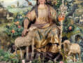 Estatua de la Divina Pastora de Cantillana, representada sentada en un trono rodeada por ovejas y flores, con un fondo de paisaje pastoral. El texto indica que se trata de tres siglos de devoción a esta imagen sagrada.