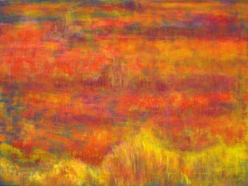Pintura abstracta en colores vibrantes de amarillo, rojo y naranja que representan un paisaje de campo.