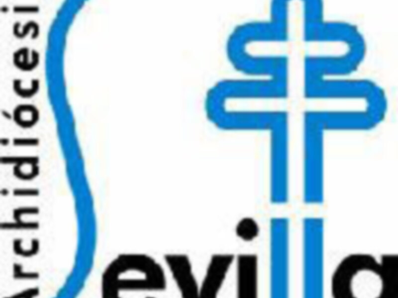 Logotipo de la Archidiócesis de Sevilla, con una flecha cruzada y el nombre en azul sobre fondo blanco.