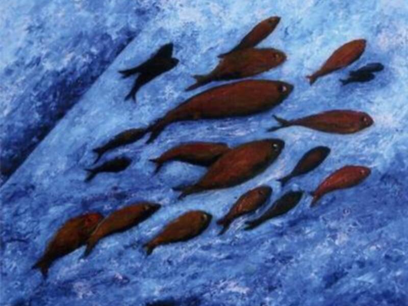 Una pintura que muestra una escena de peces rojos nadando en un agua azul claro, con algunos peces negros y otros rojos. El arte captura la belleza de la vida marina en un estilo abstracto y expresivo.