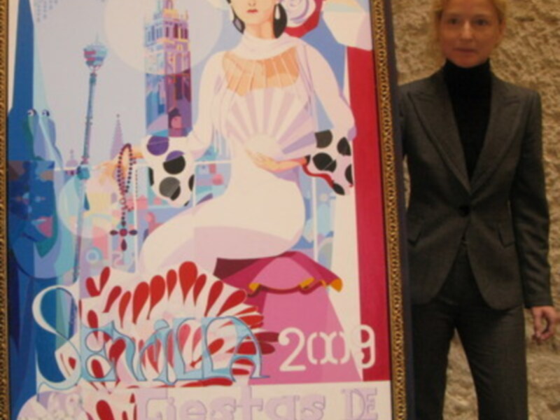 Poster de Sevilla 2009 con una mujer en traje y sombrero, junto a un hombre en traje negro.