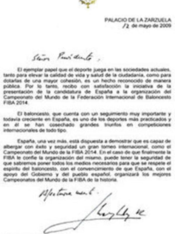 Carta de apoyo del Rey Juan Carlos I a la candidatura de España para el mundial 2014 de baloncesto