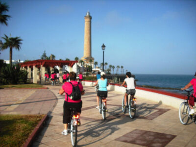 Personas en bicicleta disfrutando de una tarde soleada junto al muelle con un faro y palmeras en el horizonte.