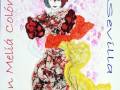 Una ilustración de una figura femenina con un vestido colorido y una hoja roja en el cabello, junto con texto en español que menciona 'Noemi Gómez Posada', 'El Burladero', 'Gran Melia Colón' y 'Sevilla'.