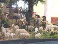 Un entorno navideño con figuras de animales y personas en miniatura, incluyendo ovejas y pastores, rodeados de vegetación y adornos navideños.