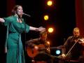Una cantante en un vestido verde con el brazo extendido, tocando una guitarra flamenca. Detrás de ella, dos músicos tocan la guitarra y el violín en un escenario iluminado con luces rojas y amarillas.