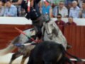 Un torero monta un caballo blanco y negro en una corrida de toros, con una bandera roja y blanca en la mano. El público observa desde los muros del ruedo.