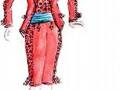 Dibujo de un traje rojo con detalles en negro y blanco. La imagen muestra una figura femenina vestida de manera elegante, con un blazer y pantalones cortos. La firma "Cayetana Alber" está en la parte inferior derecha de la imagen.