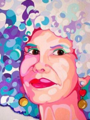 Una pintura abstracta de una persona con cabello colorido y expresiones faciales variadas.