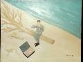 Pintura de un hombre sentado en una rama, tocando un instrumento, con un libro abierto y un pez cerca en la playa.