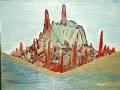 Una pintura abstracta muestra una formación rocosa con picos agudos y colores vibrantes de rojo, verde y beige. El paisaje parece ser una montaña o un islote en el medio de un mar azul. La técnica empleada es la pintura al óleo con líneas y colores suaves que dan vida a la escena.