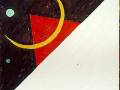 Una pintura abstracta con formas geométricas simples y colores vibrantes. La composición incluye un triángulo rojo, una línea amarilla curva y pequeños puntos de color. La técnica utilizada parece ser la pintura al óleo, destacando los contrastes y las formas abstractas.