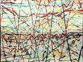 Una pintura abstracta con líneas curvas y rectas en colores brillantes.