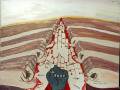 Una ilustración abstracta muestra una figura humana con múltiples manos y pies, cada uno con un dedo rojo que se une en una línea vertical. La imagen está pintada sobre un fondo de colores suaves y líneas horizontales, con detalles en rojo que sugieren sangre o dolor.