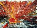 Esta pintura abstracta muestra un explosivo y vibrante diseño de colores rojos, amarillos y blancos. La técnica utiliza líneas y formas que parecen emanar desde el centro, creando una sensación de fuerza y energía.