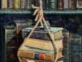 Libros colgando de una cuerda en un estante de biblioteca.