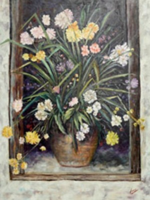 Pintura de flores en un florero, con detalles de color y texturas.