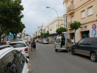 Paisaje urbano con edificios, coches estacionados y una mujer con un carrito de compras en la calle. El cielo es nublado y la vegetación incluye árboles y plantas en las fachadas de los edificios.