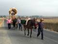 Una imagen que muestra a una persona caminando con un caballo y un carrito por una carretera.