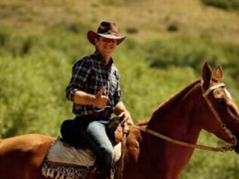 Un hombre monta un caballo en una pradera verde. El caballo es marrón y el hombre lleva un sombrero vaquero, una camisa a cuadros y pantalones vaqueros. La escena está iluminada por un sol brillante, creando sombras en el terreno.