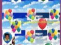 Un grupo de globos multicolores contra un cielo azul con nubes, rodeados por texto que parece ser una publicidad o anuncio.
