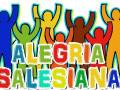 Personas celebrando con el texto "Alegria Salesiana" en colores brillantes.