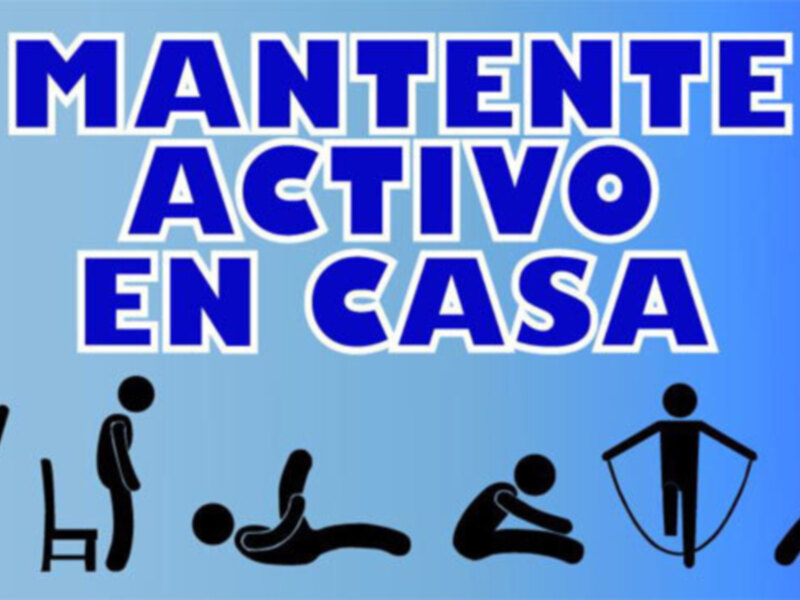Este es un póster informativo del Ayuntamiento de Dos Hermanas, promoviendo el mantenimiento activo en casa. El texto dice "Mantente Activo En Casa" y tiene una variedad de iconos que representan diferentes actividades físicas como correr, levantar pesas, hacer ejercicios de yoga y más. También hay un logotipo con el nombre "Dos Hermanas" en la esquina superior derecha.