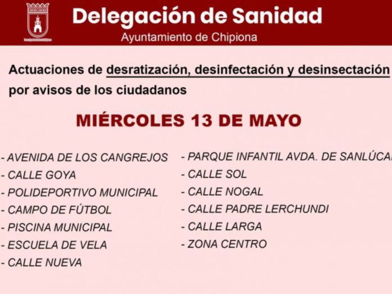 Sanidad municipal informa sobre la actuación de desratización, desinfección y desinsectación de esta semana en Chipiona