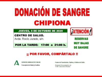 Llamamiento a dar vida donando sangre en Chipiona el próximo jueves 8 de octubre 